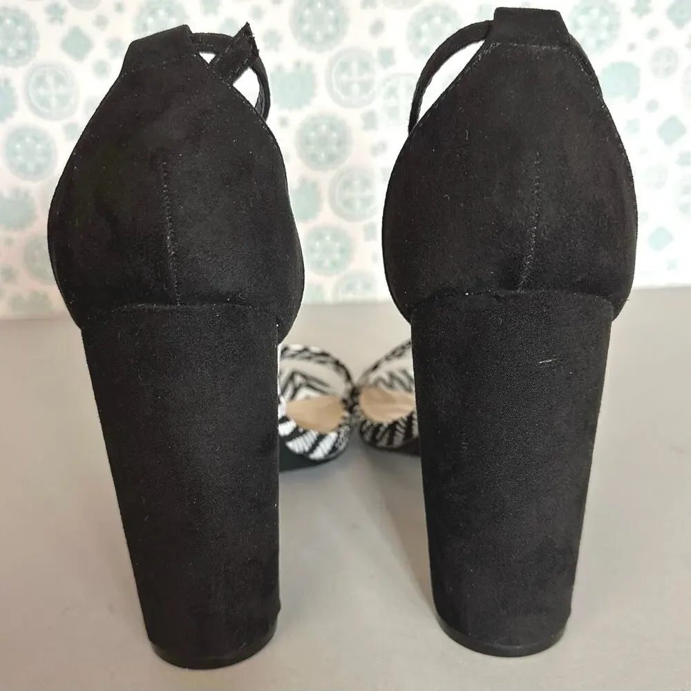 JustFab Womens Black White Woven Block Heel Ankle Strap Sandals Open Toe 10 - Picture 9 of 12